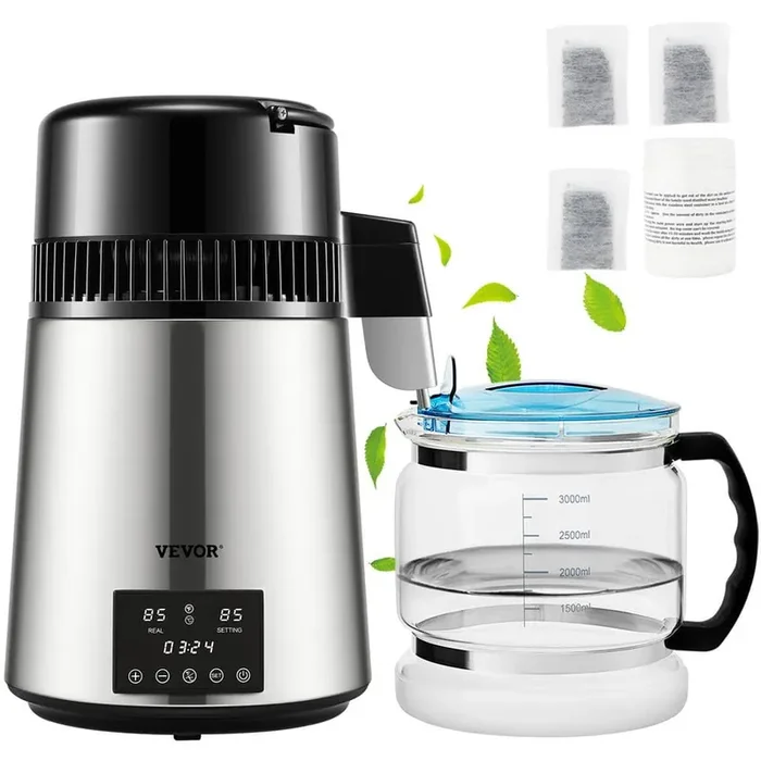 1.1Gal. Water Distiller 750W Distilled Water Maker Machine Timing Dual Temp Display Stainless Steel Countertop Distiller