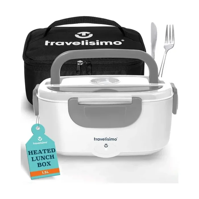 1. 5L Portable Stainless Steel Food Storage Container with Lids, 80W Electric Lunch Box 12/24/110V Self Heating in Gray