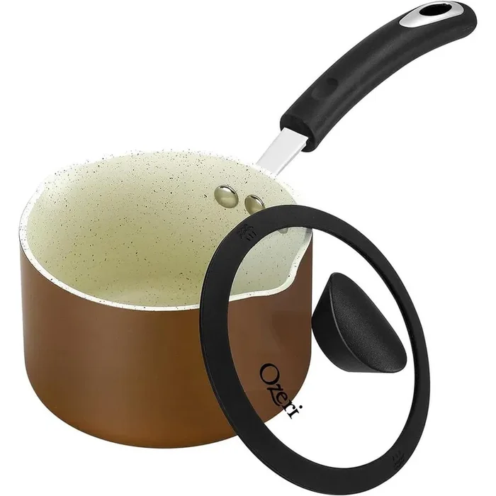 1.6 qt. Stone Layered with Aluminum Core Nonstick Saucepan in Coconut Brown with Silicone Coated Handle and Glass Lid