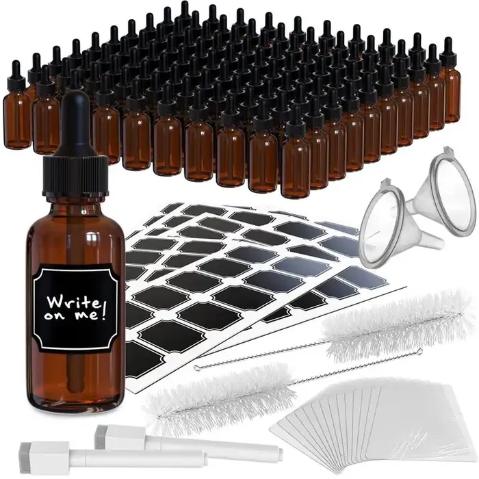 1 oz. Glass Dropper Bottles with Funnel, Brush, Shrink Wrap, Marker and Labels-Amber (Pack of 100)