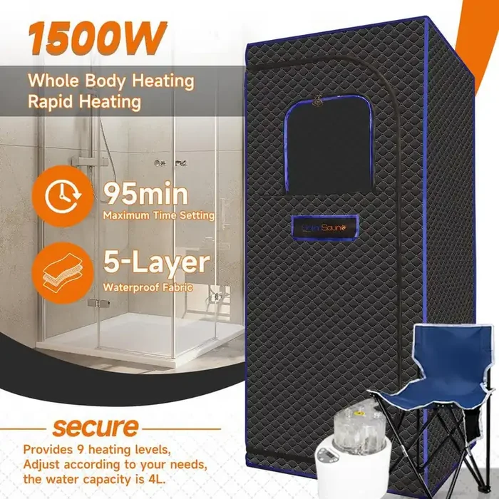1-Person Indoor Black Portable Sauna for Home with Sauna Heater, Tent, Chair, Remote