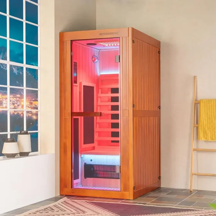 1-Person Indoor Canadian Hemlock FAR Infrared Sauna with 7-Carbon Fiber Heaters,Red Light Therapy,Chromotherapy Lighting