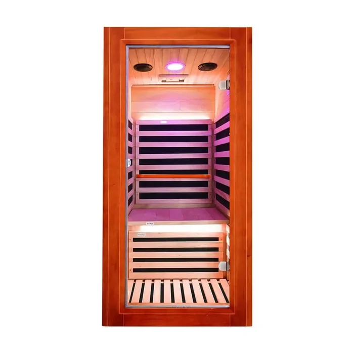 1-Person Infrared Sauna with Oguman Wood, 7 Epoxy Heaters, Bluetooth Speakers, and Towel Rack-1080W, 120V