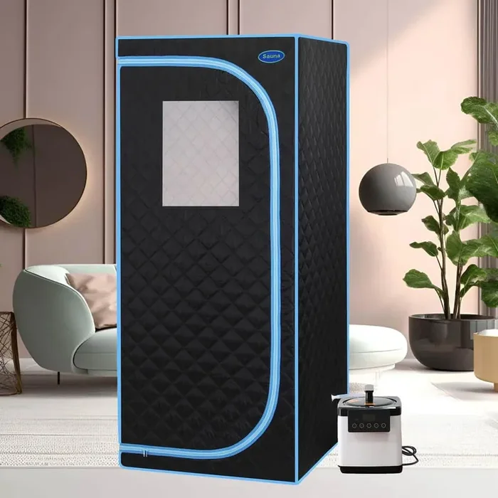 1-Person Portable Plus Type Full Size Steam Sauna Tent Portable Sauna with FCC Certification, Black (Blue Binding)
