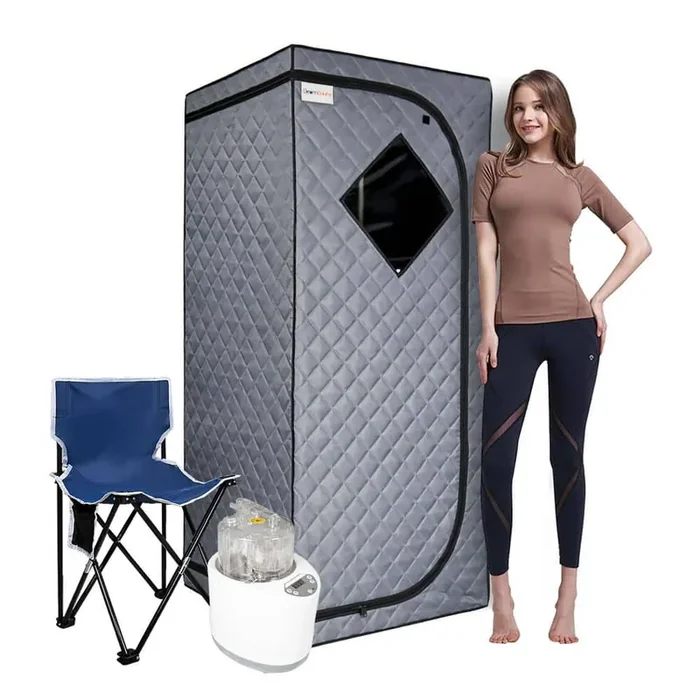 1-Person Sauna with A 4L and 1500-Watt Steam Generator, Folding Chair and Handheld Remote Control in Gray