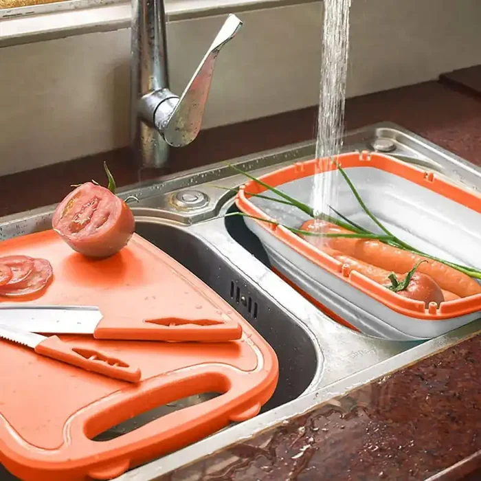 1-Piece Orange Polypropylene Camping Cutting Board Set with Knife, Washing Basket, 9-in-1 Collapsible Chopping Board