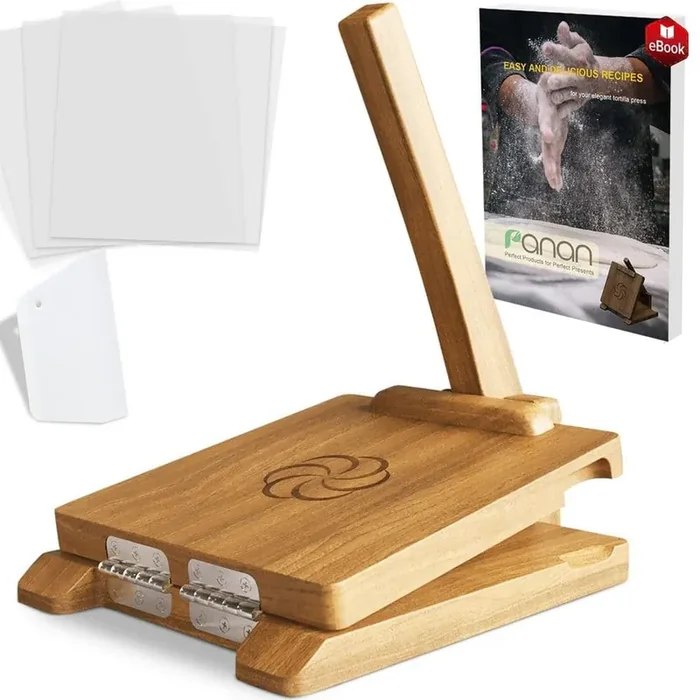 10 in. Square Acacia Wood Tortilla Press with 50 Pieces Parchment Paper, Dough Cutter and Recipes eBook