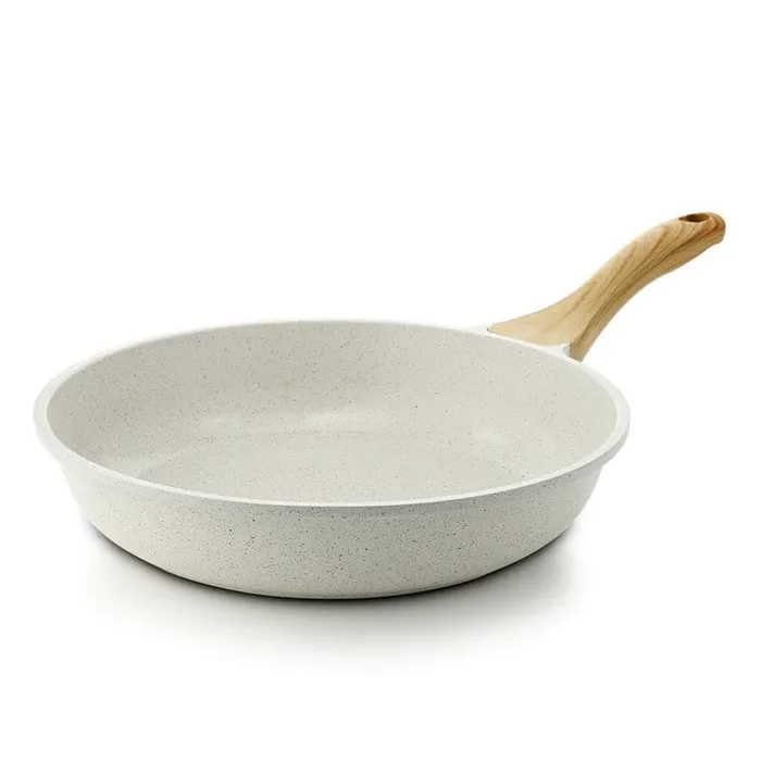 11 in. Cast Aluminum Nonstick Coating Frying Pan in White with Comfortable Grip Bakelite Handle in Wood Grain Design