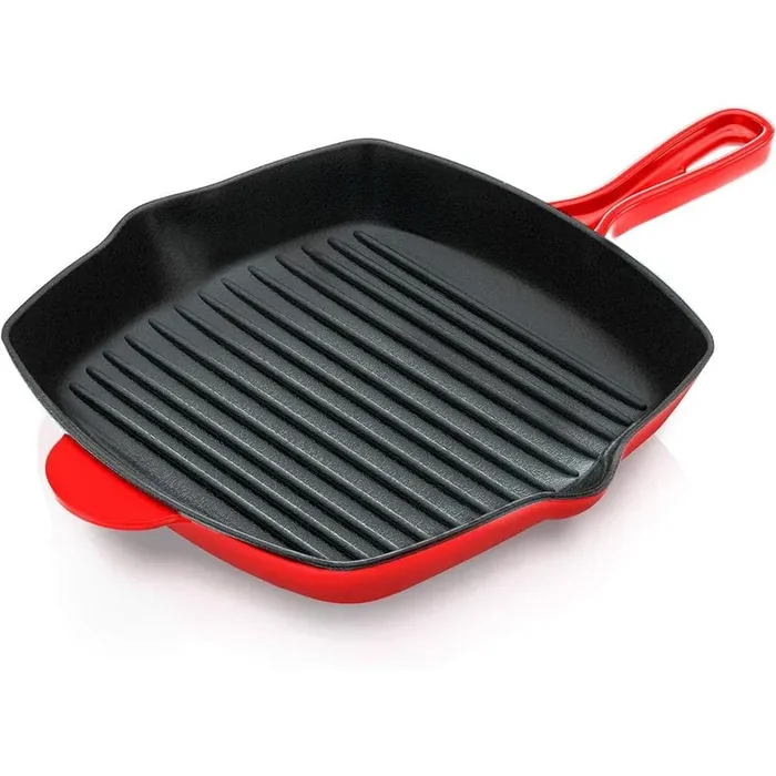 11 in. Enameled Cast Iron Square Non-stick Perfect Grill Marks Grill Pan in Red for All Cooktops with Drip Spout