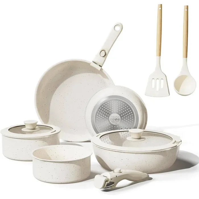 11-Piece Ceramic Cookware Set Non-Stick with Removable Handles in Cream White Aluminum
