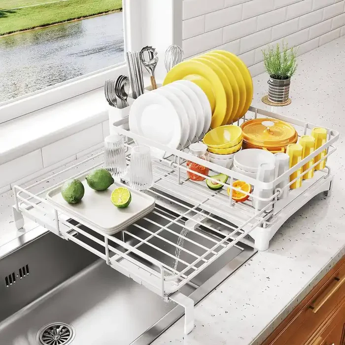 12.2 in. to 21.7 in. White Extendable Dish Rack, Dish Drying Rack, Stainless Steel Dish Strainer with Utensil Holder