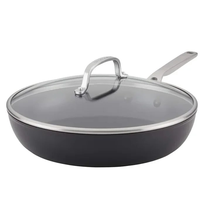 12.25 in. Hard-Anodized Induction Aluminum Nonstick Frying Pan with Lid Black Matte