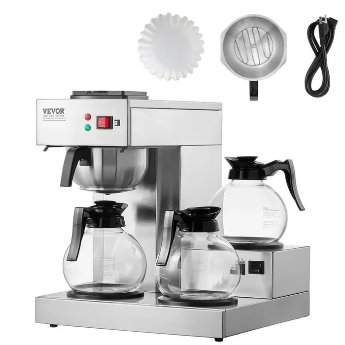 12-Cups Commercial Drip Coffee Maker, Coffee Maker Machine with 3-Glass Carafes and 3-Warmer Plates, Stainless Steel