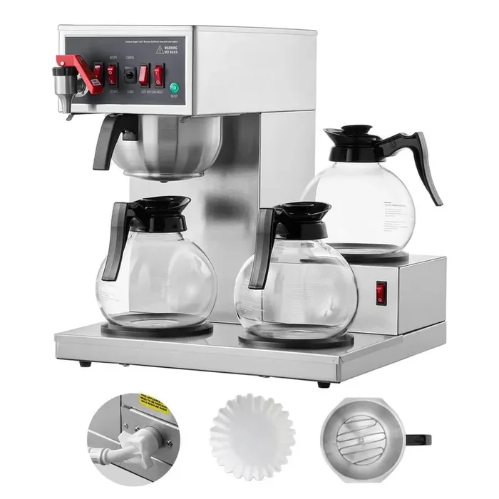 12 Cups Stainless Steel Drip Coffee Maker with 3 Glass Carafes and 3 Warmer Plates for Restaurant,2025 Upgrade,Silver