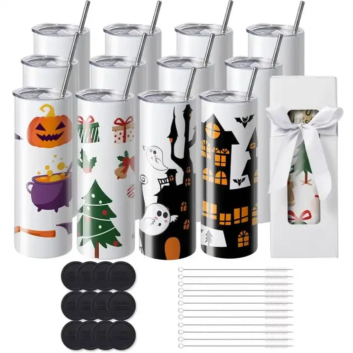 12-Pack 20 oz. Sublimation Tumblers, Skinny Straight Stainless Steel Double Wall Tumblers for Customized Gifts