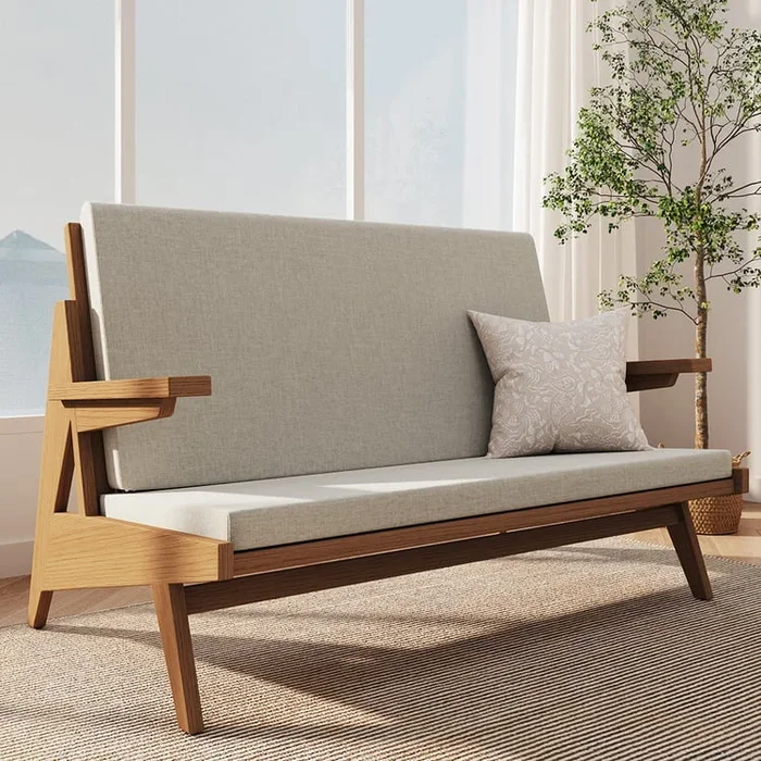 1290mm Rattan 2-Seater Sofa Japandi Ash Wood Loveseat with White Cushion in Walnut