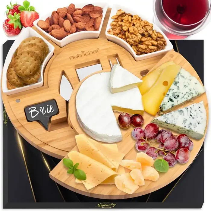 13 in. Cheese Board Food Serving Set – Includes Cutting Knives, Ceramic Bowls, Chalk Markers and Slate Labels