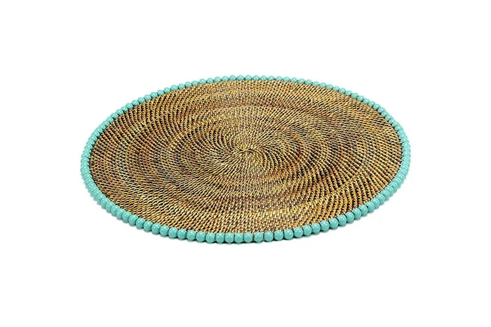 14″ Round Placemat with Aqua Wood Beads – Set of 4 by Calaisio