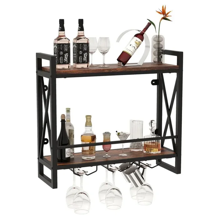 14-Bottle Rustic Brown Metal Wall Wine Rack