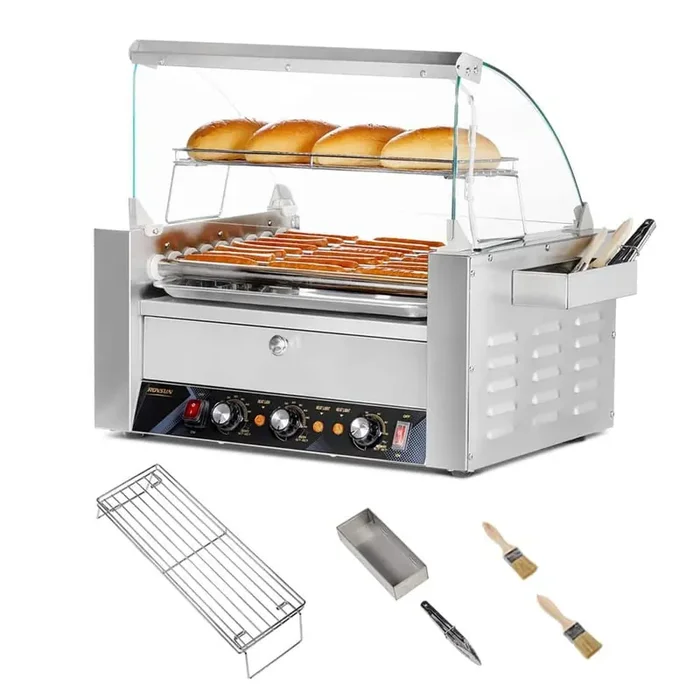 1500-Watts Stainless Steel 24 Hot Dog Roller Grill Indoor Grill with Cover and Bun Warmer