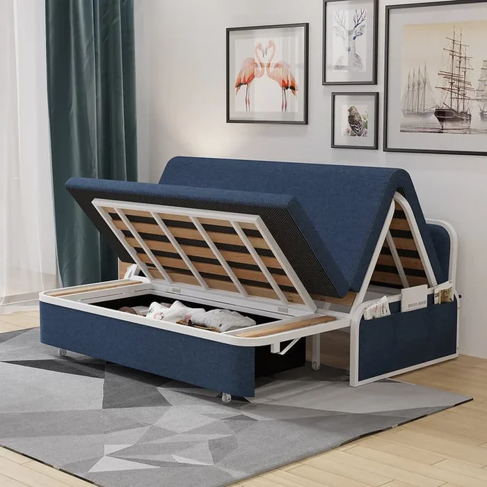 1530mm Modern Blue Cotton Linen Upholstered Convertible Sofa Bed with Storage