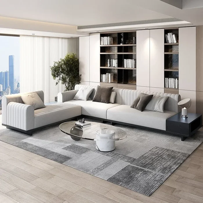 157″ Cotton and Linen L-Shaped Sectional Sofa Modern Light Gray Sectional with Storage Side Table