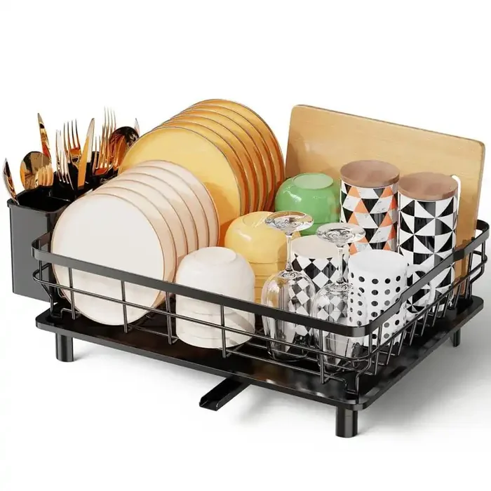 16.7 in. x 12.8 in. Black Dish Drying Rack with Drainboard, 1-Tier Stainless Steel Dish Rack with Utensil Holder