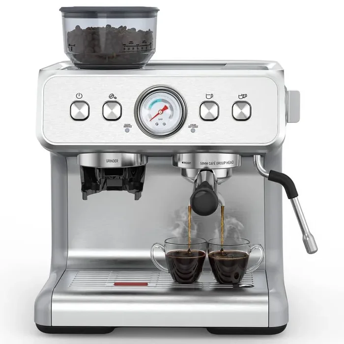 2 Cup Semi-Automatic 15-Bar Espresso Machine with Built-In Grinder & Milk Frother Coffee Maker in Stainless Steel Silver
