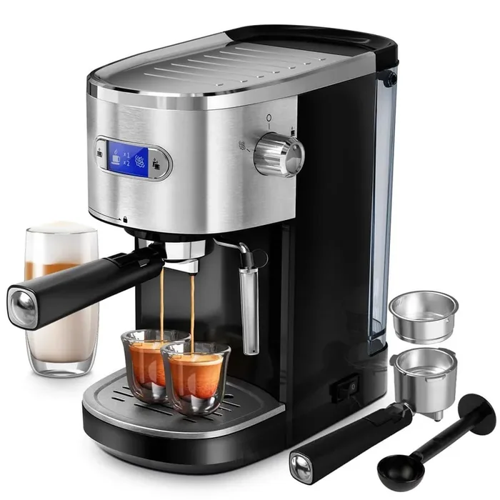 2-Cup Silver Stainless Steel All in 20-Bar Semi-Automatic Espresso Machine with Led Display and Steam Milk Foam