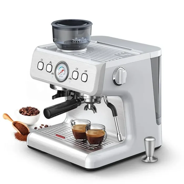 2-Cup Stainless Steel 15-Bar Espresso Machine with Grinder, Steam Wand and Cleaning Bursh, Silver