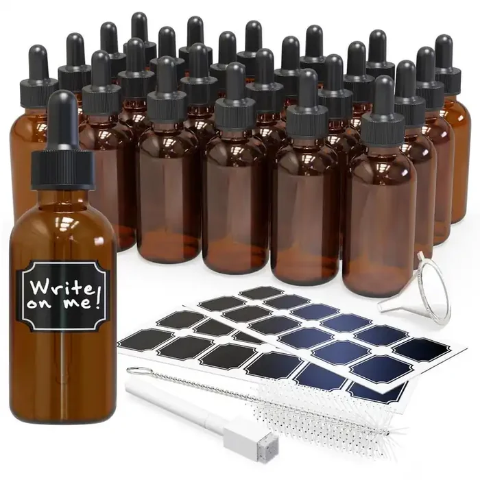 2 oz. Glass Dropper Bottles with Funnel, Brush, Marker and Labels – Amber (Pack of 24)