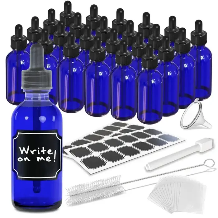 2 oz. Glass Dropper Bottles with Funnel, Brush, Marker and Labels-Blue (Pack of 24)