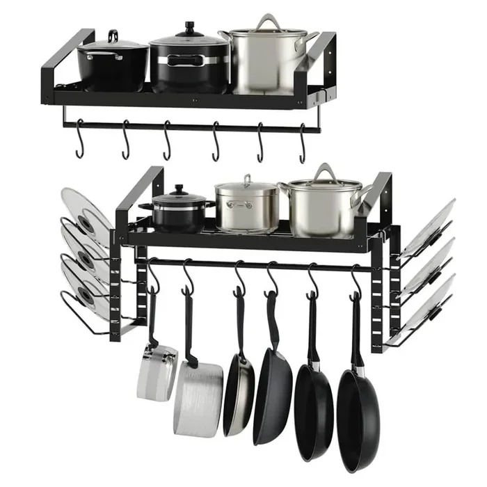 2-Pack 23 in. Black Wall Mounted Pot Racks with Towel Bar and Pot Lid Holder, Pot and Pan Organizer with 12 Hooks