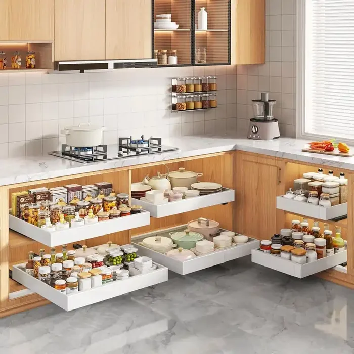 2 Pack Adjustable Pull Out Cabinet Organizer with Raising Pads, 3-Slide Rails and Roll Out Shelves Adhesive, White