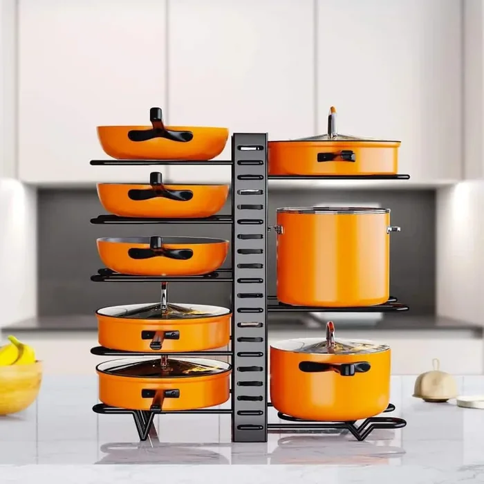 2-Pack Black Adjustable Standing Pot Rack, Pot and Pan Rack, Pot Lid Holders and Pan Rack, Kitchen Storage Rack