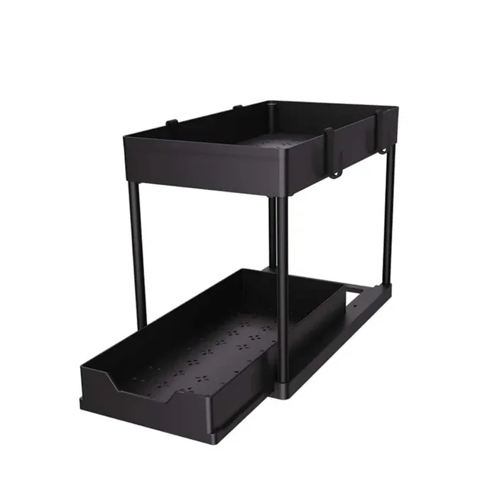 2-Pack Under Sink Organizer, Pull-Out 2-Tier Storage w/ 8 Hooks, Black