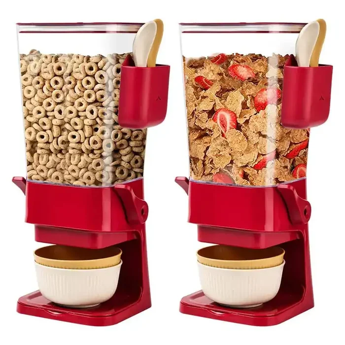 2-Piece Red Dry Food Dispenser, Countertop Cereal Dispenser with Bowls, Spoons and Cutlery Box