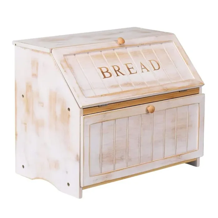 2-Piece Vintage Double Layer Large Bread Box Set for Kitchen Counter, Retro Design Wooden Bread Storage Bin