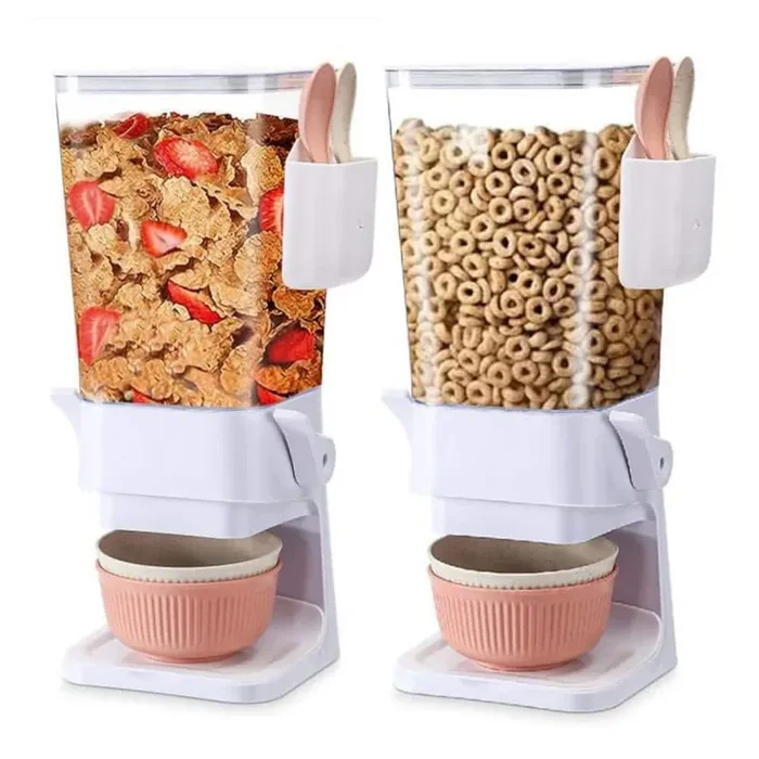 2-Piece White Dry Food Dispenser, Countertop Cereal Dispenser with Bowls, Spoons and Cutlery Box