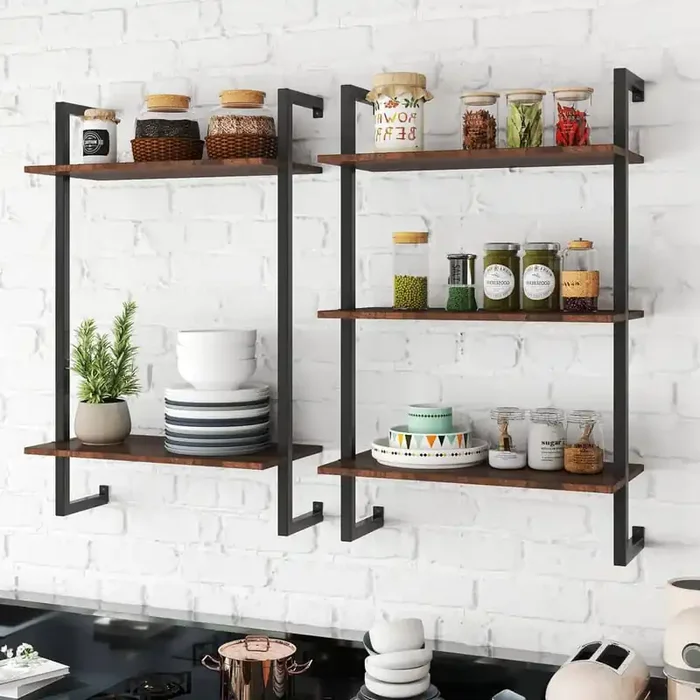 2 Pieces Kitchen Pantry, 3 Tier and 2 Tier Metal Bathroom Shelves, Wood Hanging Storage Bookshelf in Walnut