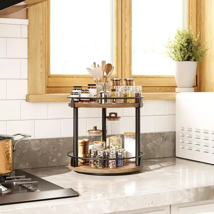 2 Tier Brown Lazy Susan Organizer, Rotating Spice Rack, Turntable Kitchen Accessories Holder for Countertop, Cabinet