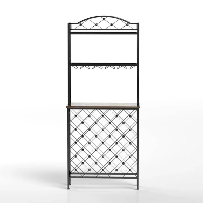 20-Bottle Brown Wood 3-Tier Wine Rack Bar Table and 16 Glass Holder with Storage Shelves, Metal and Wood Wine Organizer