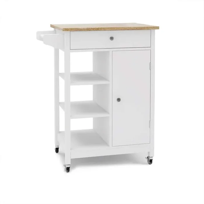 25.98 inch White Wood Kitchen Cart with Adjustable Shelves and Towel Rack Rubber Wood Table Top