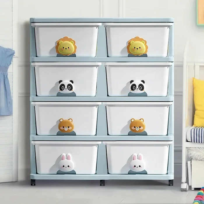 26.77 in. W x 31.1 in. H x 15.75 in. D in White Blue Plastic 4-Layer Floor Drawer Base Storage Assembly Cabinet Wheels