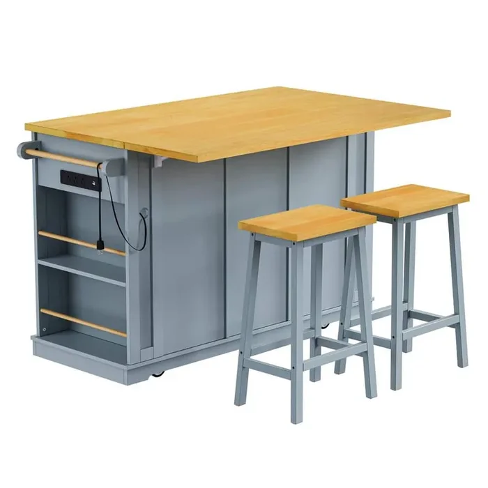 3-Piece Gray Blue Wood 53.14 in. Kitchen Island with 2-Bar Stools, Power Outlet, Drop Leaf, 5-Open Side Racks, 3-Drawers