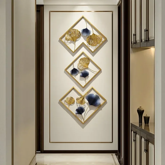 3 Pieces Ginkgo Leaves Wall Decor in Metal with Geometric Frame 1720mmW x 700mmH
