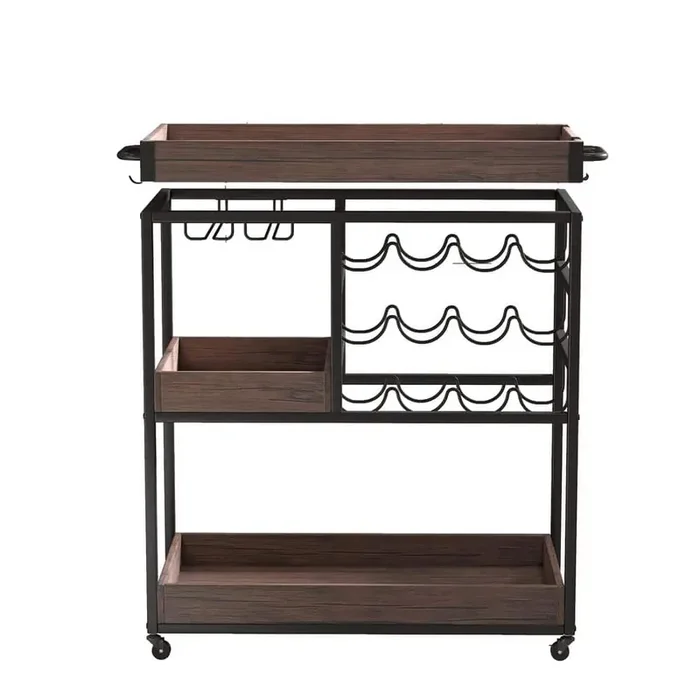 3 Tier 15.75 in. W Industrial Rolling Kitchen Cart with Lockable Wheels、Glass Holder and 2 Removable Tray in brown