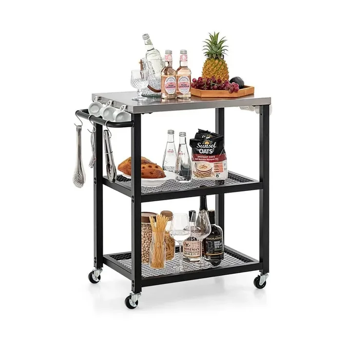 3-Tier Black Foldable Outdoor Stainless Steel Kitchen Cart on Wheels
