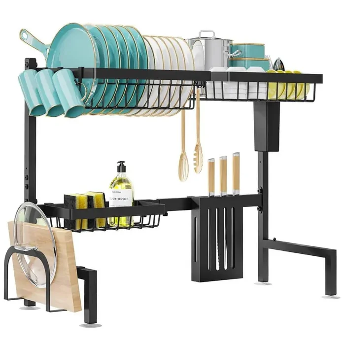 30 in. to 33.9 in. W Adjustable Over the Sink Dish Drying Rack, Stainless Steel Dish Rack, Kitchen Storage Rack, Black