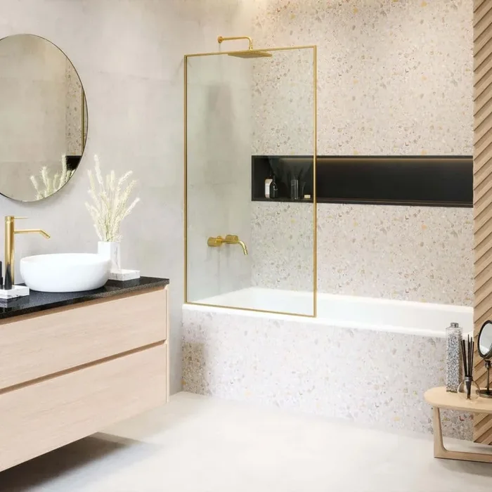 30 in. W x 58 in. H Fixed Tub Door Full Frame in Satin Brass Finish with Tempered Clear Glass